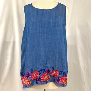 TOMMY BAHAMA Lyocell Chambray‎ Blue Denim Bright Floral Embroidered Tank Women L